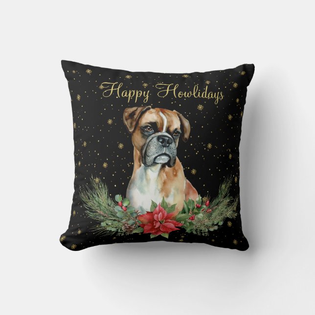 Watercolor Cute Dog Happy Howlidays Cushion (Front)
