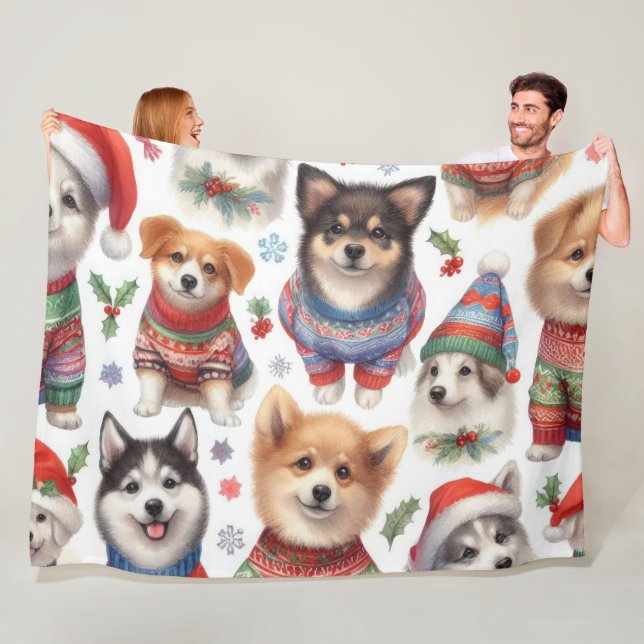 Watercolor Cute Dogs in Sweaters Fleece Blanket (In Situ)