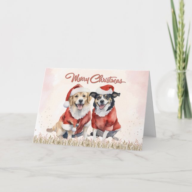 Watercolor cute Dogs Merry Christmas  Holiday Card (Front)