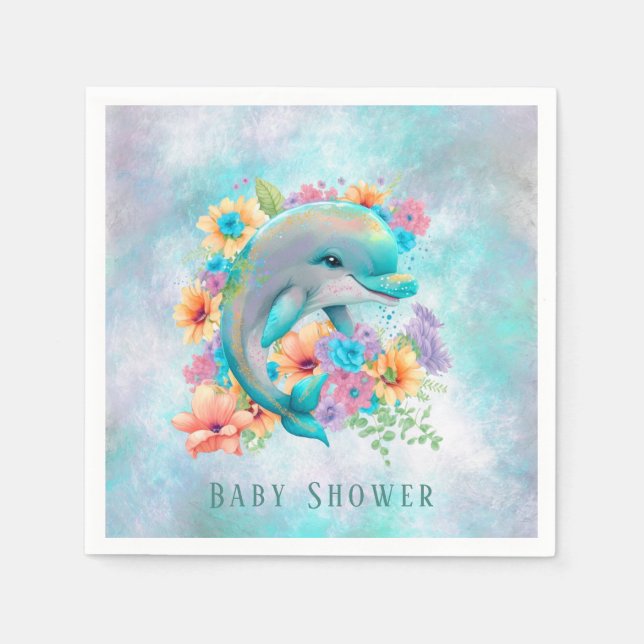 Watercolor Cute Dolphin and Florals Baby Shower Napkin (Front)