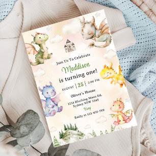 Watercolor Cute Dragon 1st Birthday Party Invitation