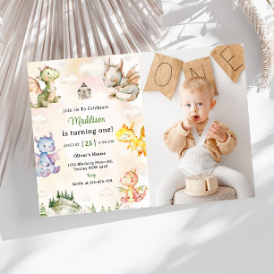 Watercolor Cute Dragon 1st Birthday Party Photo  Invitation