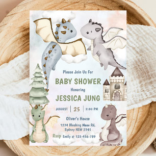 Watercolor Cute Dragon  Baby Shower Party Invitation