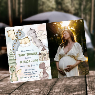 Watercolor Cute Dragon Baby Shower Photo Invitation