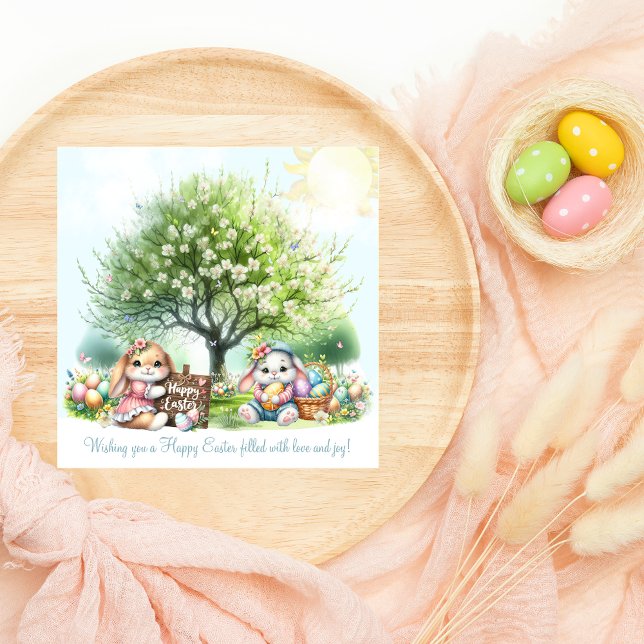 Watercolor Cute Easter Bunnies and Butterflies Holiday Card (Creator Uploaded)