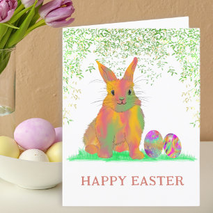 Watercolor Cute Easter Bunny & Eggs Holiday Card