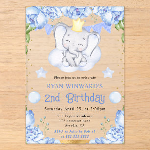 Watercolor Cute Elephant and Blue Roses Birthday Acrylic Invitations
