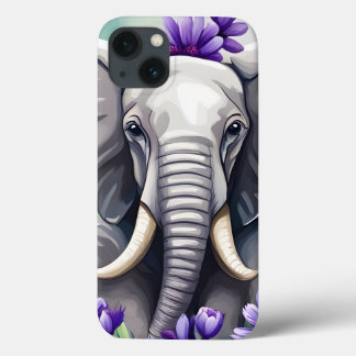 Watercolor cute elephant and purple flowers iPhone 13 case