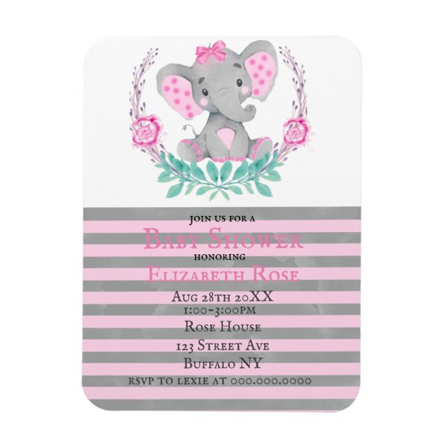 Watercolor Cute Elephant Girl Baby Shower Invites Magnet (Vertical)