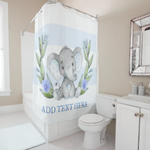 Watercolor Cute Elephant Greenery Personalised Shower Curtain