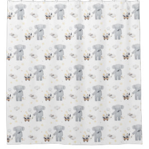 Watercolor Cute Elephant Moon Clouds Ship Nursery Shower Curtain