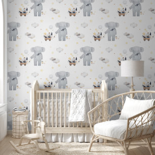 Watercolor Cute Elephant Moon Clouds Ship Nursery Wallpaper