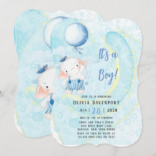 Watercolor Cute Elephant Nautical Boy Baby Shower Invitation