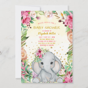 Watercolor Cute Elephant Pink Flowers Baby Shower Invitation