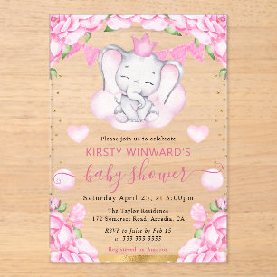 Watercolor Cute Elephant & Pink Roses Baby Shower Acrylic Invitations