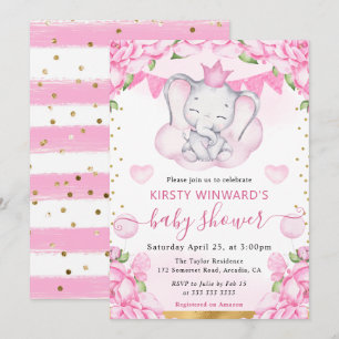 Watercolor Cute Elephant & Pink Roses Baby Shower Invitation