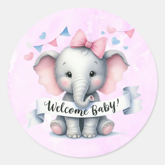 Watercolor Cute Elephant Welcome Baby Classic Round Sticker (Front)