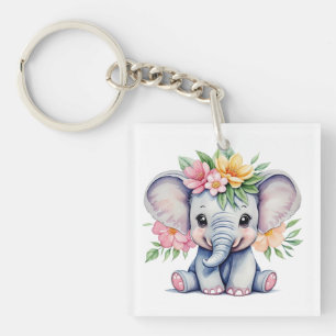 Watercolor Cute Elephant with flowers Key Ring