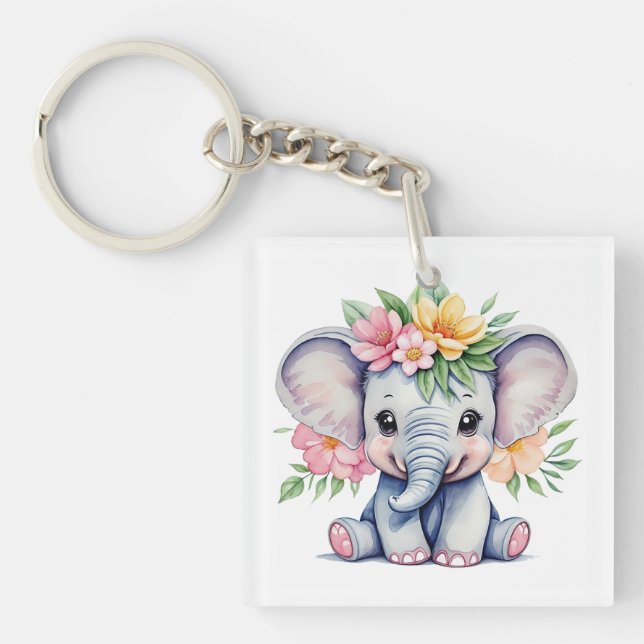 Watercolor Cute Elephant with flowers Key Ring (Front)