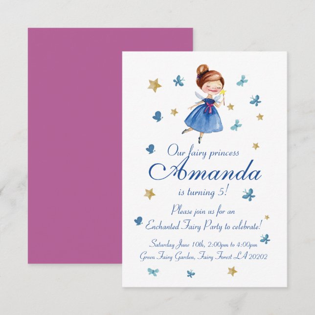 Watercolor CUTE Fairy Princess Butterfly Birthday Invitation (Front/Back)