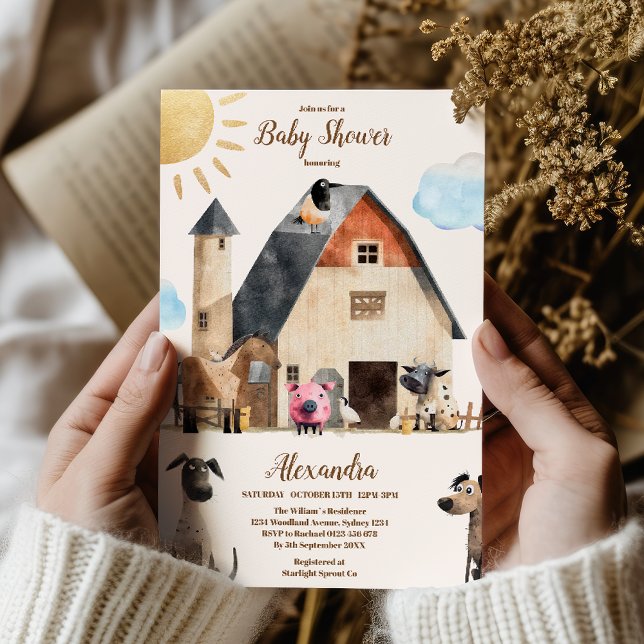 Watercolor Cute Farm Animals Barnyard Baby Shower Invitation (Creator Uploaded)