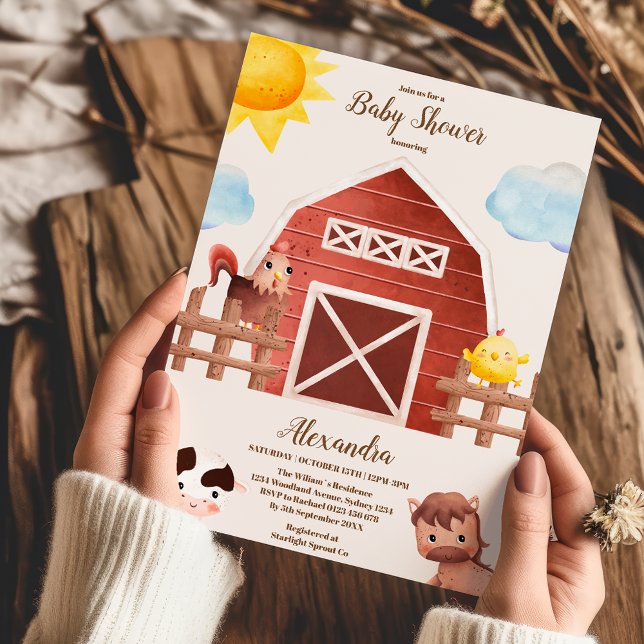 Watercolor Cute Farm Animals Barnyard Baby Shower Invitation (Creator Uploaded)