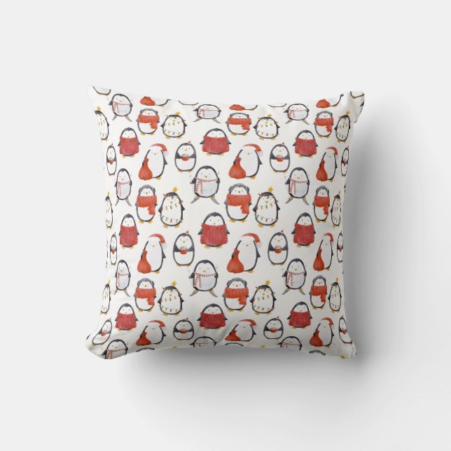 Watercolor Cute Festive Penguins Pattern Christmas Cushion (Front)