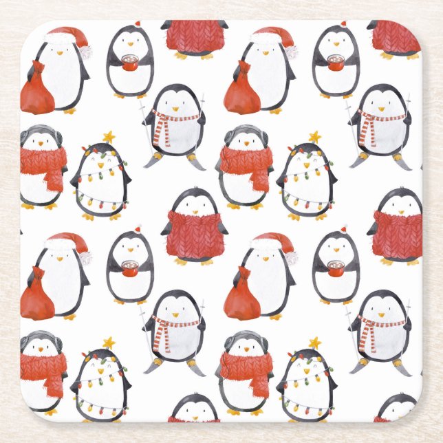 Watercolor Cute Festive Penguins Pattern Christmas Square Paper Coaster (Front)