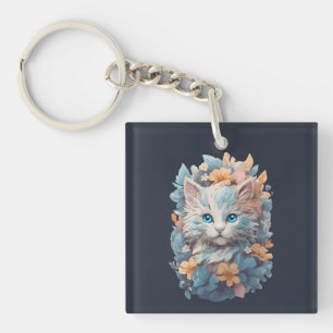 Watercolor Cute Floral Cat Splash Key Ring