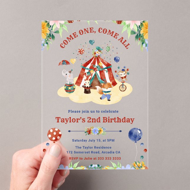Watercolor Cute Floral Circus Carnival Birthday Acrylic Invitations (Insitu (Handheld))