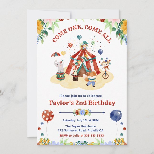 Watercolor Cute Floral Circus Carnival Birthday Invitation (Front)