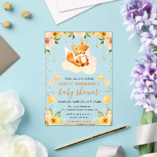 Watercolor Cute Floral Fox on Cloud Baby Shower Acrylic Invitations