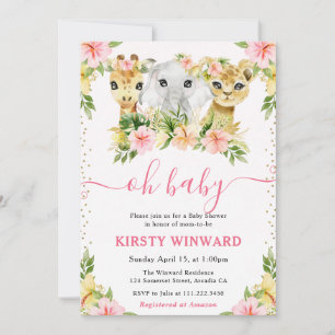 Watercolor Cute Floral Jungle Animals Baby Shower Invitation