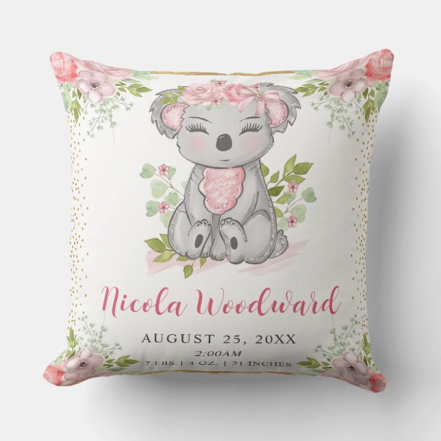 Watercolor Cute Floral Koala Baby Birth Stats Cushion (Front)