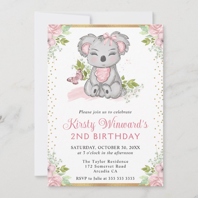 Watercolor Cute Floral Koala Girl 2nd Birthday Invitation (Front)