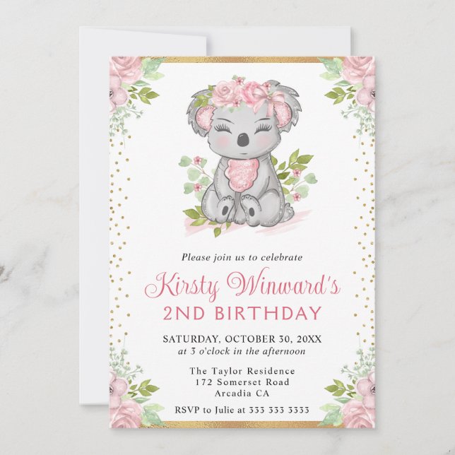 Watercolor Cute Floral Koala Girl 2nd Birthday Invitation (Front)