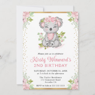 Watercolor Cute Floral Koala Girl 2nd Birthday Invitation