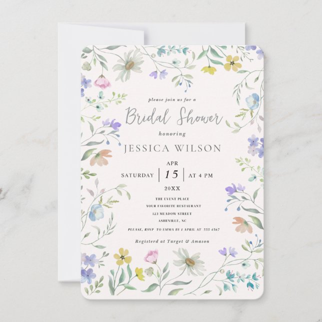 Watercolor Cute Floral Meadow  Bridal Shower Invitation (Front)