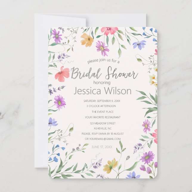 Watercolor Cute Floral Meadow  Bridal Shower Invitation (Front)