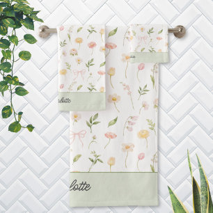 Watercolor Cute Flower Personalised Floral Bath Towel Set