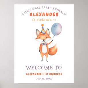 Watercolor Cute Fox 1st Birthday  Poster