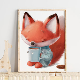 Watercolor Cute Fox Coffee Fox Wall Print