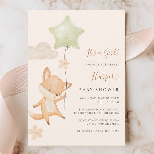 Watercolor Cute Fox Flying Balloon Baby Shower  Invitation
