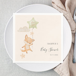 Watercolor Cute Fox Flying Balloon Baby Shower Napkin