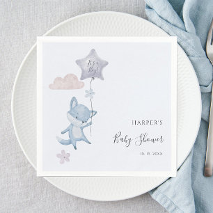 Watercolor Cute Fox Flying Balloon Boy Baby Shower Napkin