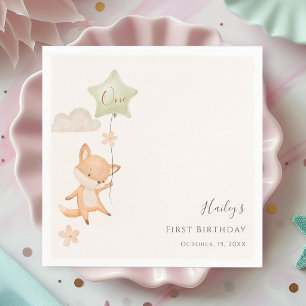 Watercolor Cute Fox Flying Balloon First Birthday Napkin