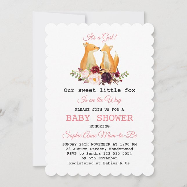 Watercolor Cute Foxes Woodland Girl Baby Shower Invitation (Front)