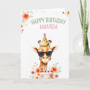 Watercolor Cute Giraffe with Party Hat Birthday Card