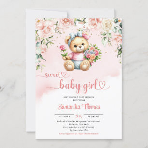 Watercolor cute girl teddy bear with flowers  invitation
