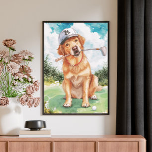 Watercolor Cute Golden Retriever Golf Canvas Print